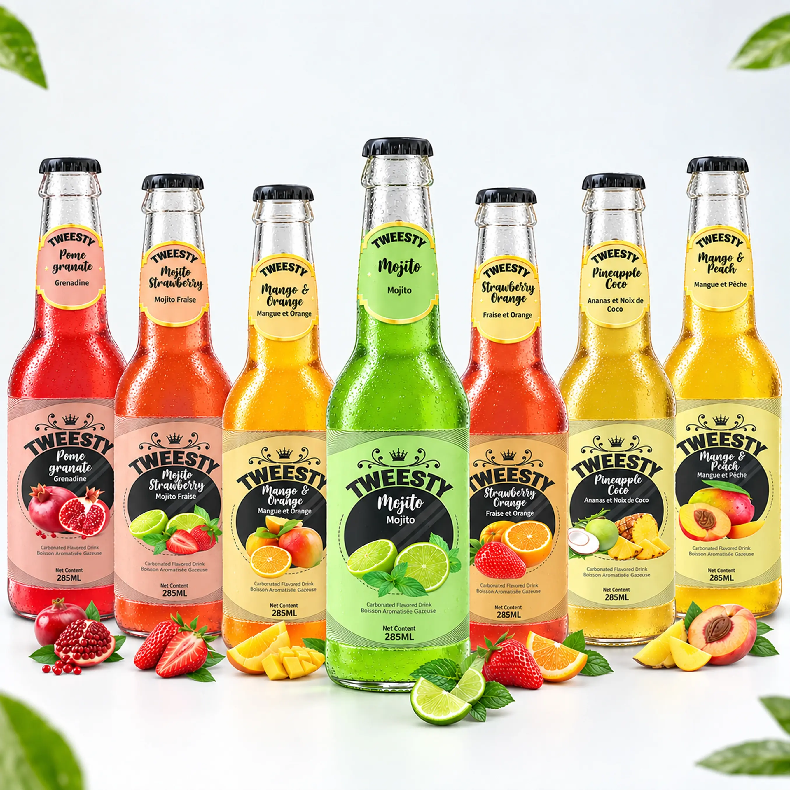 TWEESTY assorted carbonated flavoured drinks in Pomegranate, Mojito Strawberry, Mango Orange, Mojito, Strawberry Orange, Pineapple Coco and Mango Peach flavours, 285ml glass bottles